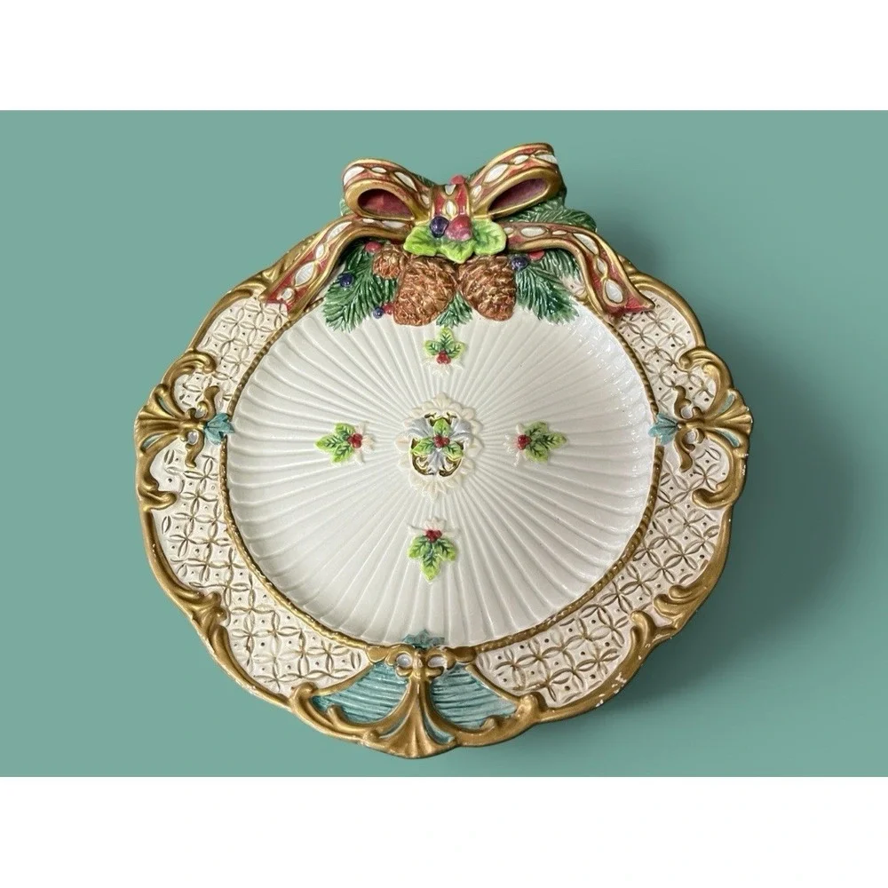 Fitz & Floyd Classics Florentine Canape Snack Plate Christmas Holly Bow Pinecone